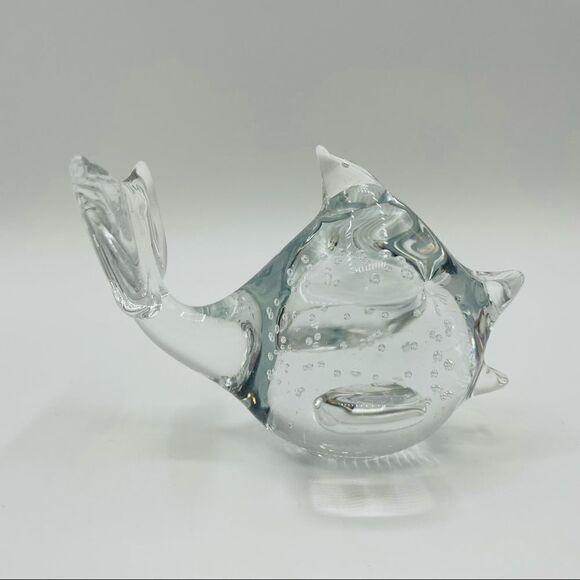 Clear Blown Art Glass Bullicante Controlled Bubbles Fish Paperweight - Picture 2 of 4